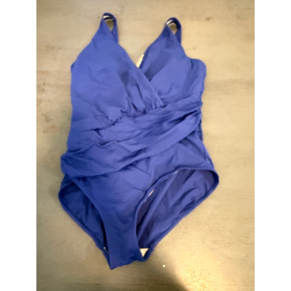 Tropical Escape Womens Royal Blue Ruched Wrap One Piece Swimsuit Size 16
